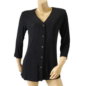 Norm Thompson Slinky Button Front Top Womens S Black V Neck 3/4 Sleeve Stretch